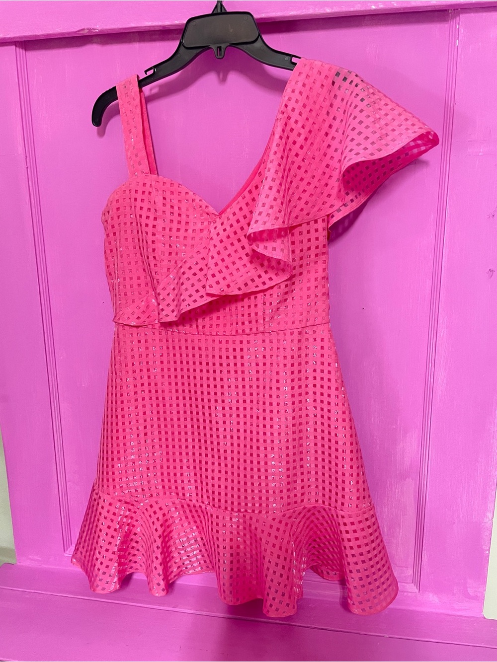One-Shoulder Ruffle Eyelet Mini Dress in Hot Pink